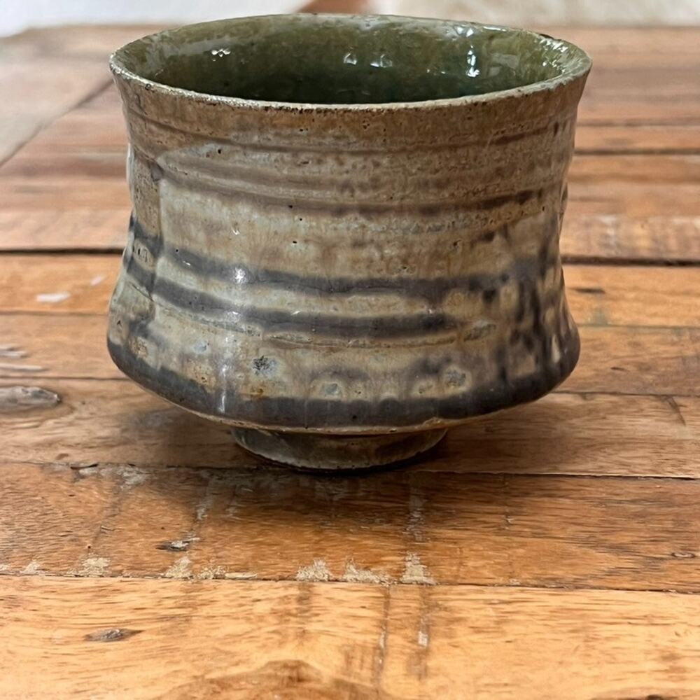 Japanese Tea Ceremony Cup 3" Rustic Textured Glaze Green Interior